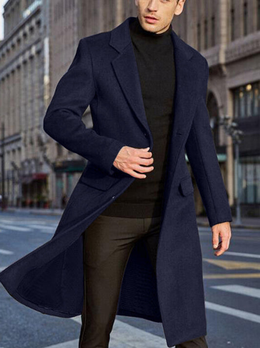 Men's long woolen windbreaker woolen coat Blue