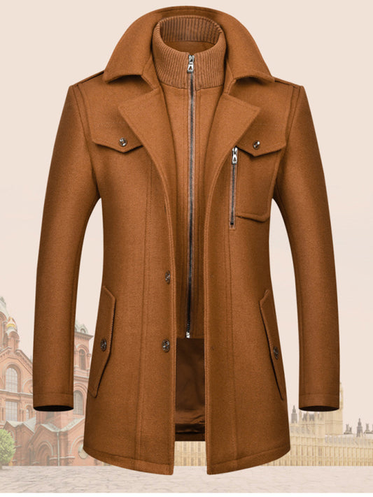 Men's wool zipper autumn and winter double collar coat Camel