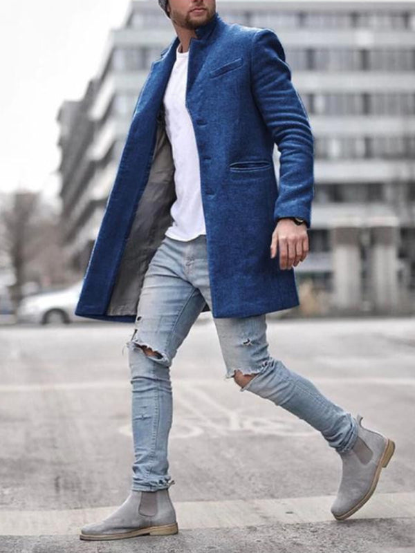 Men's youth woolen coat mid-length coat Blue