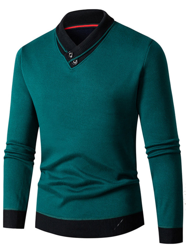 Men's new half turtleneck plus velvet slim long-sleeved sweater Green black jasper