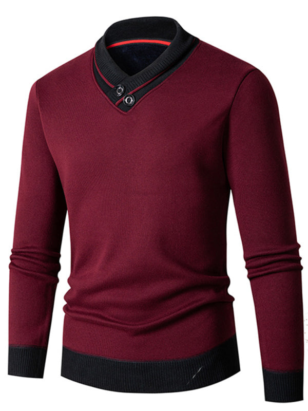 Men's new half turtleneck plus velvet slim long-sleeved sweater Wine Red