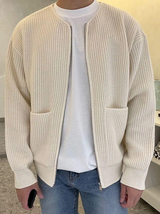 Men's solid color loose casual lazy style knitted sweater cardigan Cracker khaki