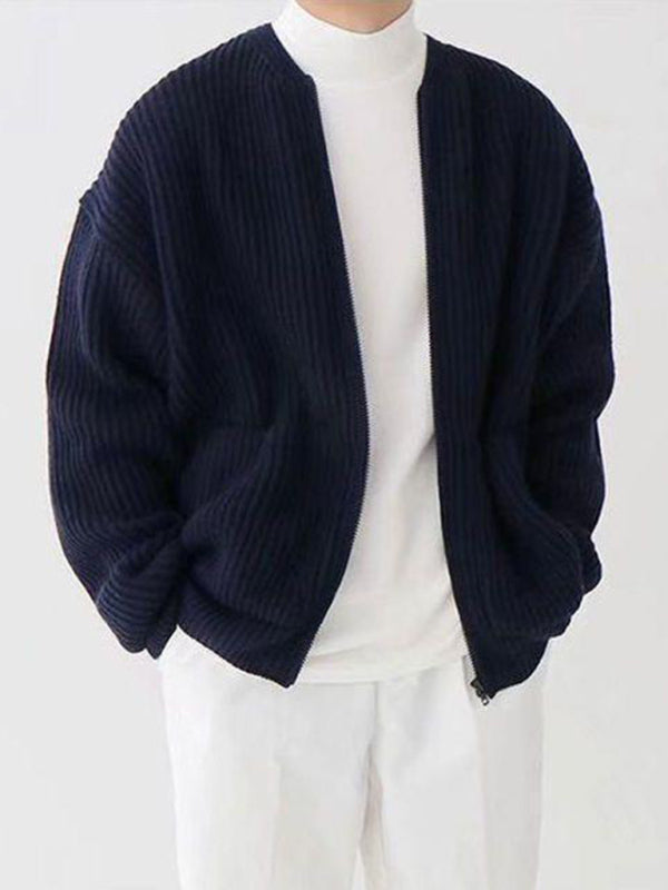 Men's solid color loose casual lazy style knitted sweater cardigan Purplish blue navy