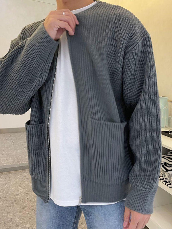 Men's solid color loose casual lazy style knitted sweater cardigan Grey