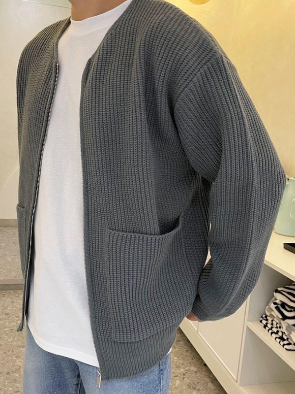 Men's solid color loose casual lazy style knitted sweater cardigan