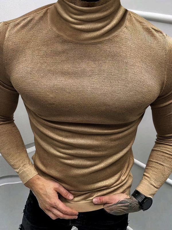 Men's Solid Color Turtleneck Long Sleeve T-Shirt Khaki