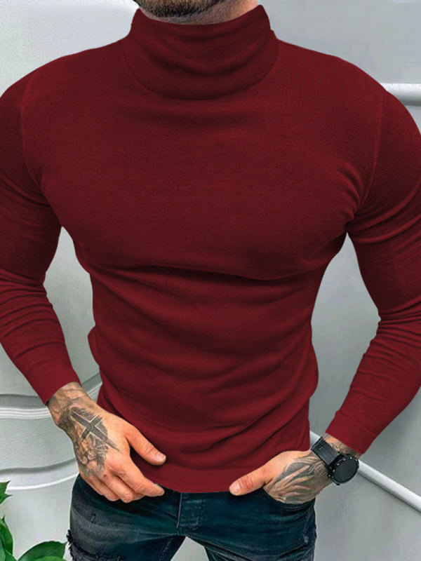 Men's Solid Color Turtleneck Long Sleeve T-Shirt Wine Red