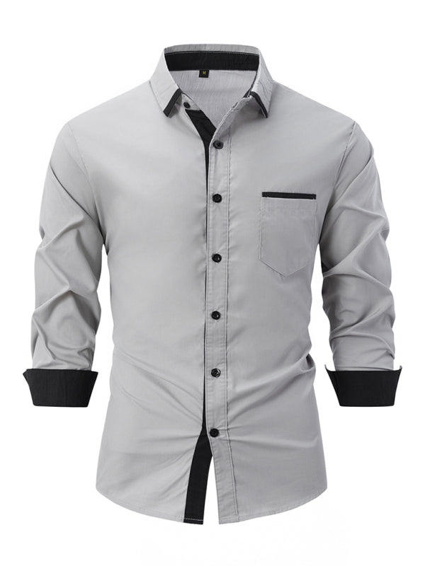 Men's Color Block Business Slim Casual Shirt Long Sleeve Shirt Grey