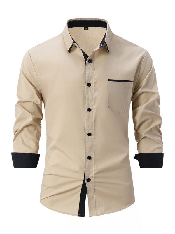 Men's Color Block Business Slim Casual Shirt Long Sleeve Shirt Khaki