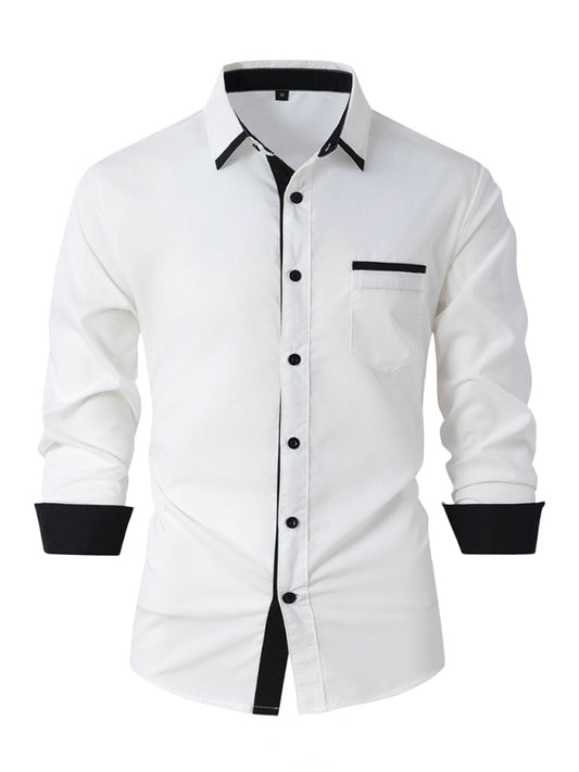 Men's Color Block Business Slim Casual Shirt Long Sleeve Shirt White