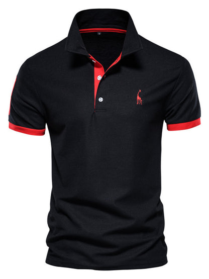 Men's short-sleeved lapel polo shirt with deer embroidery Black