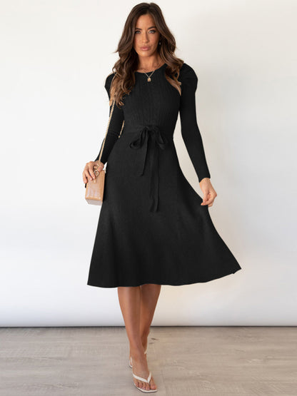 Women's Long Sleeve Cable Knit Sweater Dresses Black