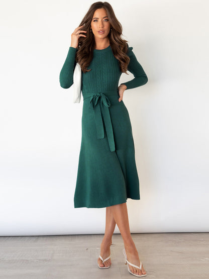 Women's Long Sleeve Cable Knit Sweater Dresses Green black jasper