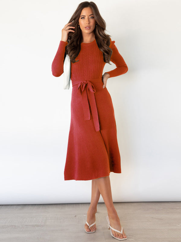 Women's Long Sleeve Cable Knit Sweater Dresses Orange Red