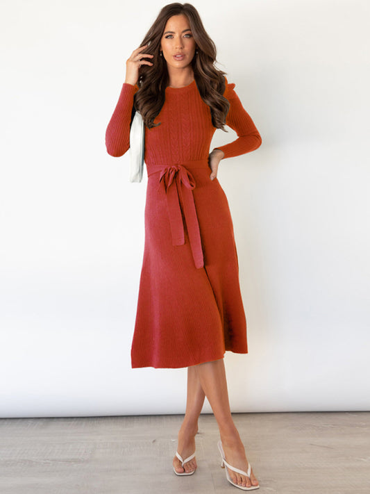 Women's Long Sleeve Cable Knit Sweater Dresses Orange Red