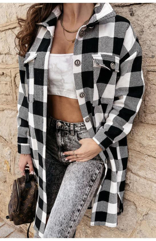 Women'S Long Plaid Shirt, Large Coat Black