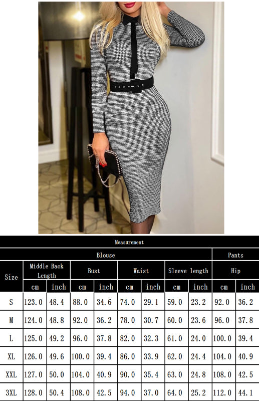 Women's Casual Retro Slim Belt Print Dress | Lattice Pattern Long Sleeve Dress