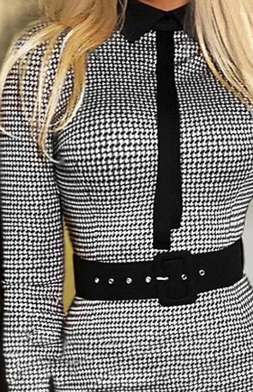 Women's Casual Retro Slim Belt Print Dress | Lattice Pattern Long Sleeve Dress