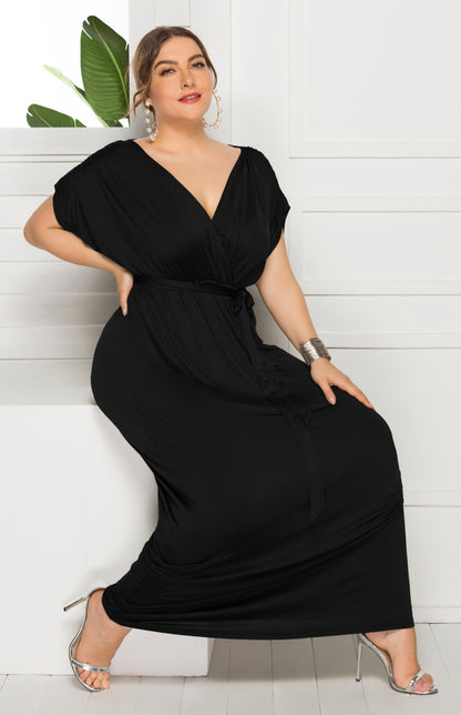 Women's Plus Size Deep V Solid Dress Black