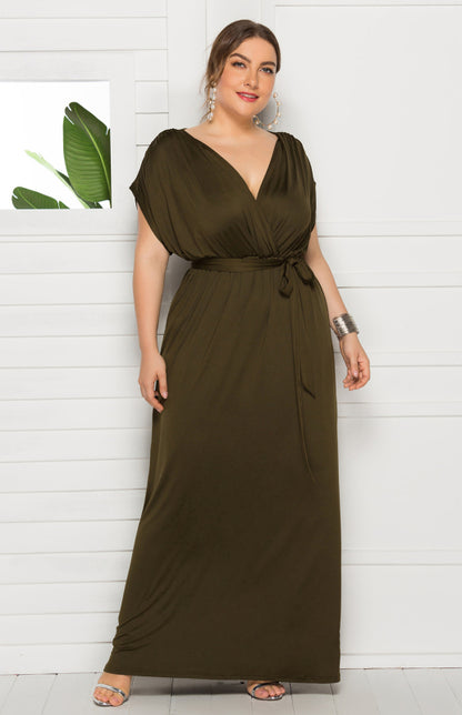 Women's Plus Size Deep V Solid Dress Green