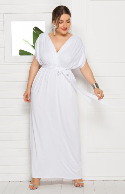 Women's Plus Size Deep V Solid Dress White