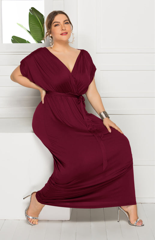 Women's Plus Size Deep V Solid Dress Wine Red