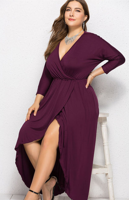 Women's Plus Size Solid Deep V Dress Purplish red