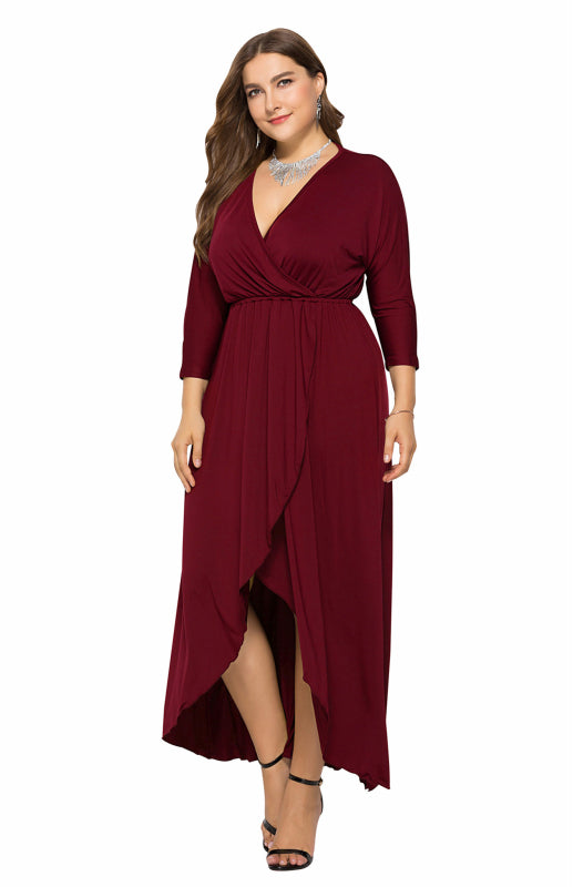 Women's Plus Size Solid Deep V Dress Wine Red