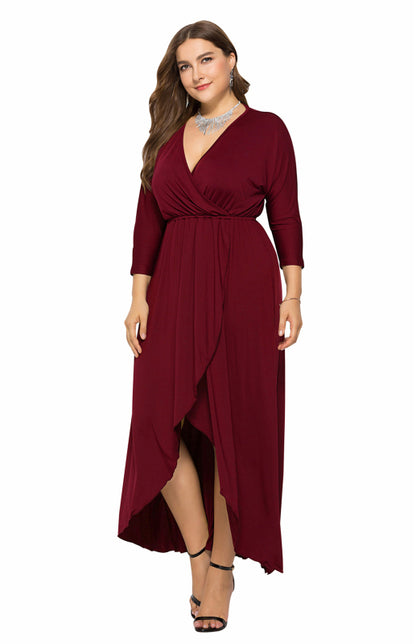 Women's Plus Size Solid Deep V Dress Wine Red