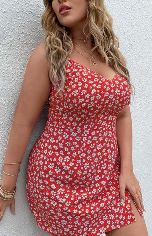 Women's Plus Size Floral Slit Sling Short Dress Red