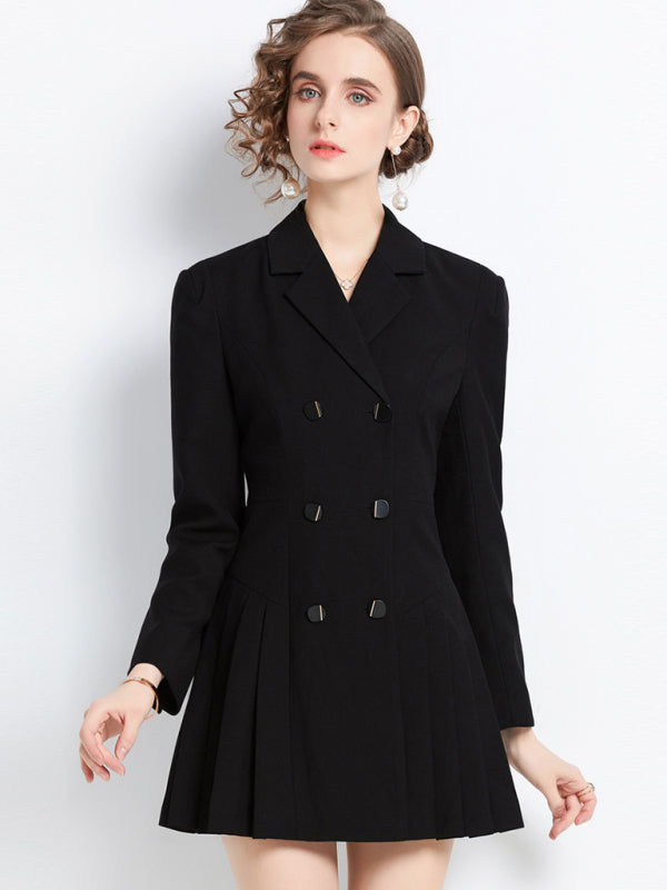 Women's long-sleeved suit collar double-breasted jacket dress