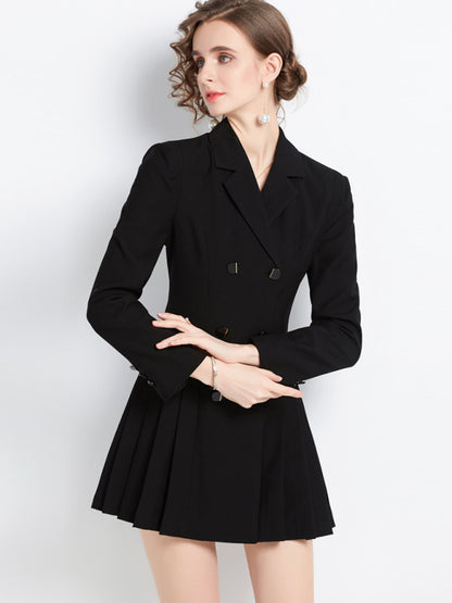 Women's long-sleeved suit collar double-breasted jacket dress Black