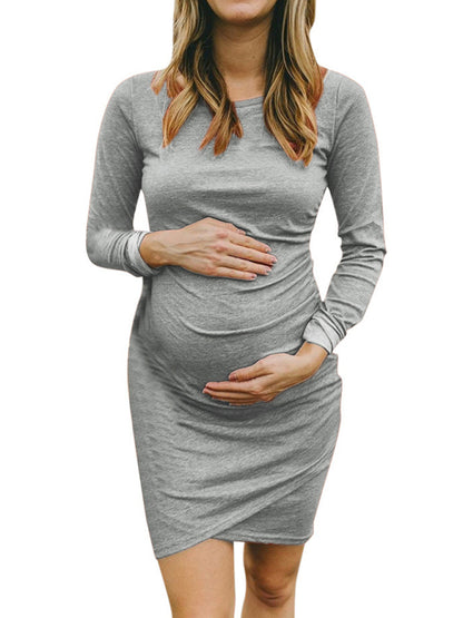 Round neck long sleeve solid irregular pregnant women's dress Grey