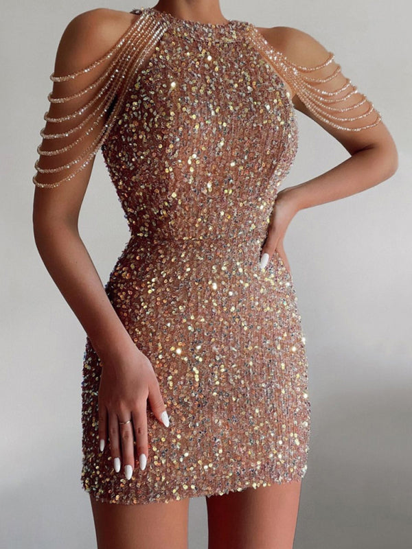 Sequined Chain Beads Bodycon Party Dress