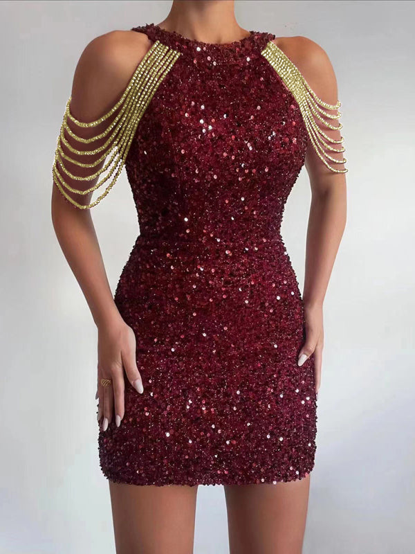 Sequined Chain Beads Bodycon Party Dress Wine Red