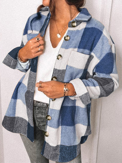 Plaid Shirt Women's New Breasted Pocket Casual Jacket Blue