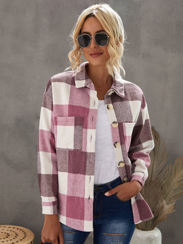 Plaid Shirt Women's New Breasted Pocket Casual Jacket Pink