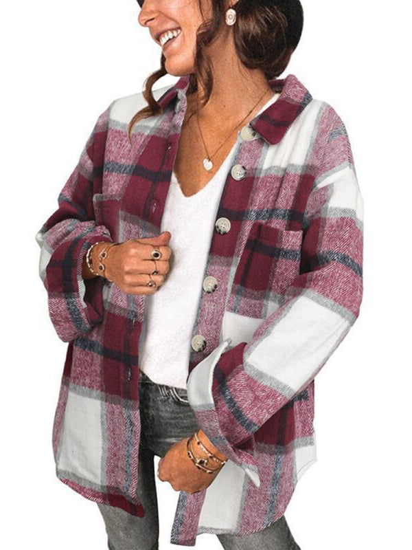 Plaid Shirt Women's New Breasted Pocket Casual Jacket Wine Red