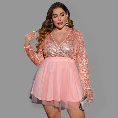 Plus Size Women's Sequin Stitching Mesh Sexy Sweet Party Dress Pink