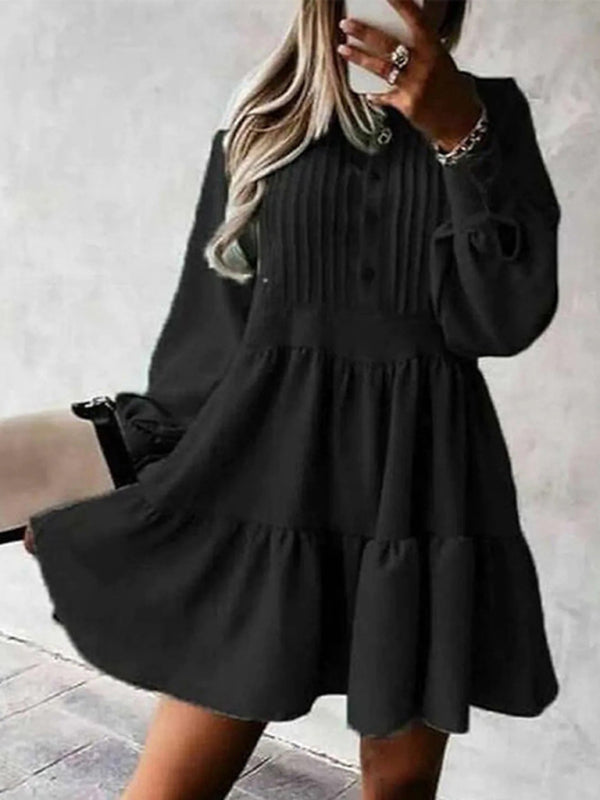 Women's Solid Color Elegant Balloon Sleeve Dress Black