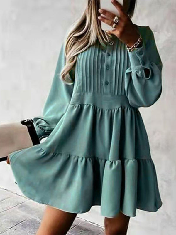 Women's Solid Color Elegant Balloon Sleeve Dress Green