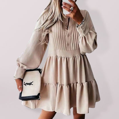 Women's Solid Color Elegant Balloon Sleeve Dress Khaki