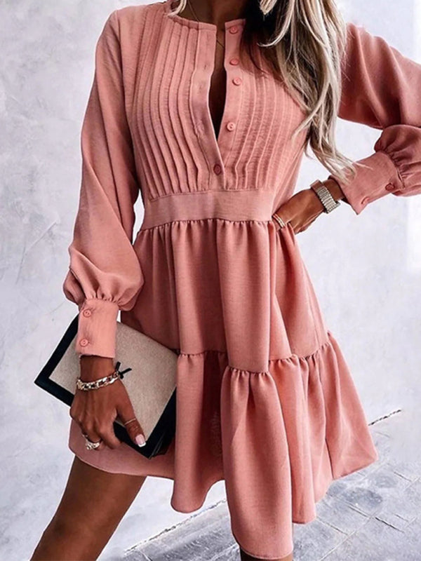 Women's Solid Color Elegant Balloon Sleeve Dress Pink