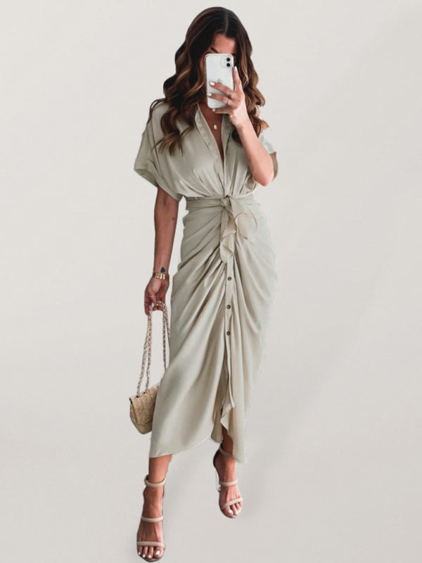 Women's Solid color pleated short sleeve shirt dress Cracker khaki