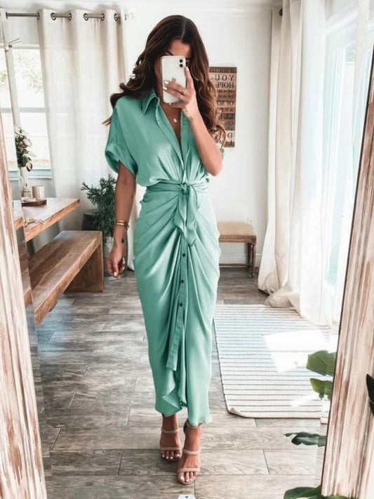 Women's Solid color pleated short sleeve shirt dress Green