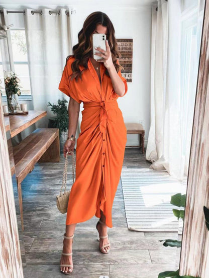 Women's Solid color pleated short sleeve shirt dress Orange