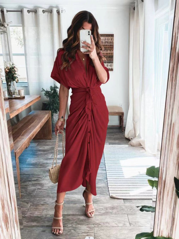 Women's Solid color pleated short sleeve shirt dress Wine Red