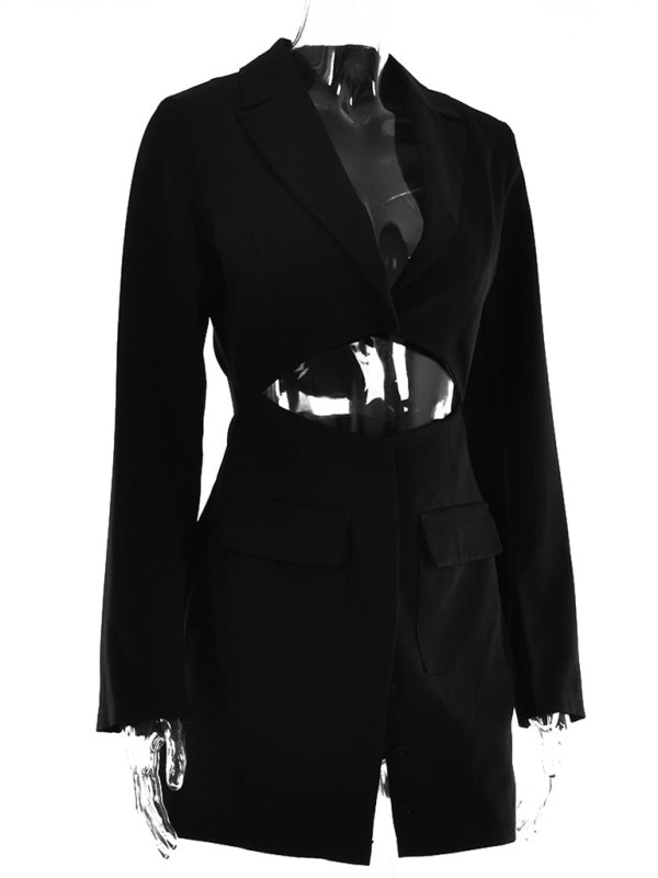 Women's Sexy Fake Two Piece Lapel Long Sleeve Blazer Dress Black