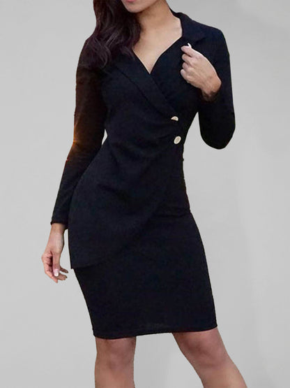 New Ladies Elegant Slim Suit Collar Dress Black