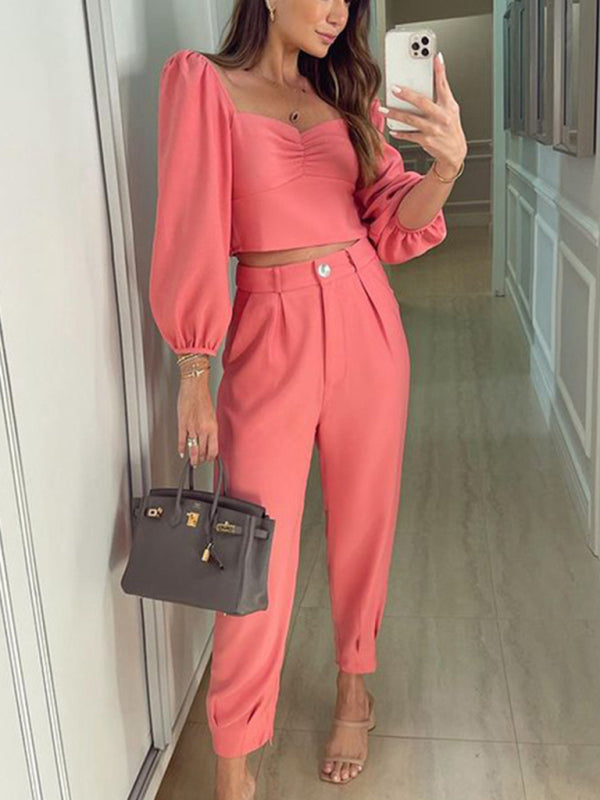 Women's OL temperament solid color square collar top high waist trousers two-piece set Pink